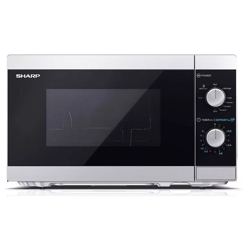 Kombinuota mikrobangų krosnelė Sharp YC-MG01E-S — 20 l, 800 W mikrobangos, 1000 W grilis, 5 galios lygiai, sukamasis valdiklis, 25,5 cm padėklas
