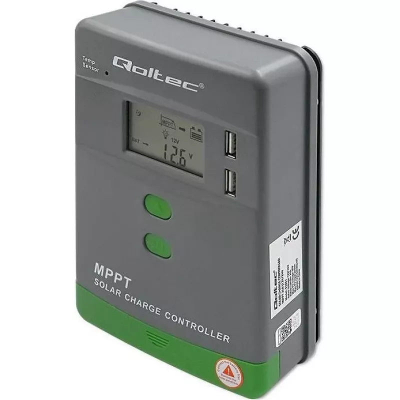 Qoltec MPPT saulės kolektorių valdiklis su temperatūros jutikliu 20A 12V/24V LCD ekranas 2xUSB
