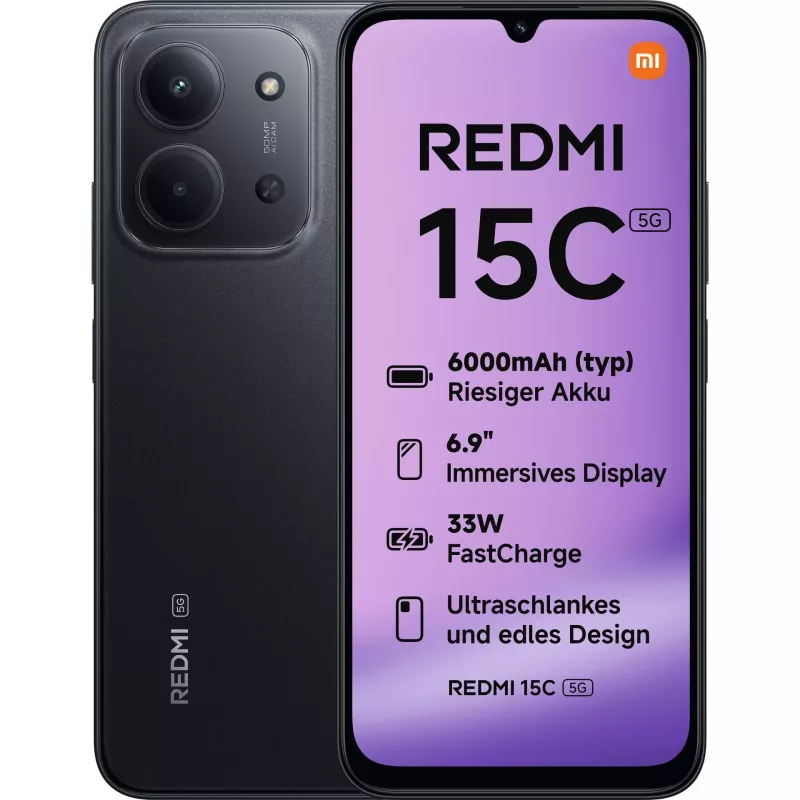 Xiaomi Redmi 15C 6.9 colio išmanusis telefonas, 4 GB RAM, 128 GB, 5G, Midnight Black