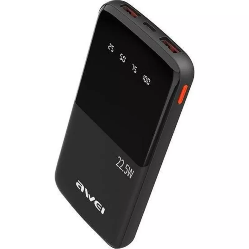 Awei PowerBank P10K 10000 mAh 22,5 W Juoda/Juoda