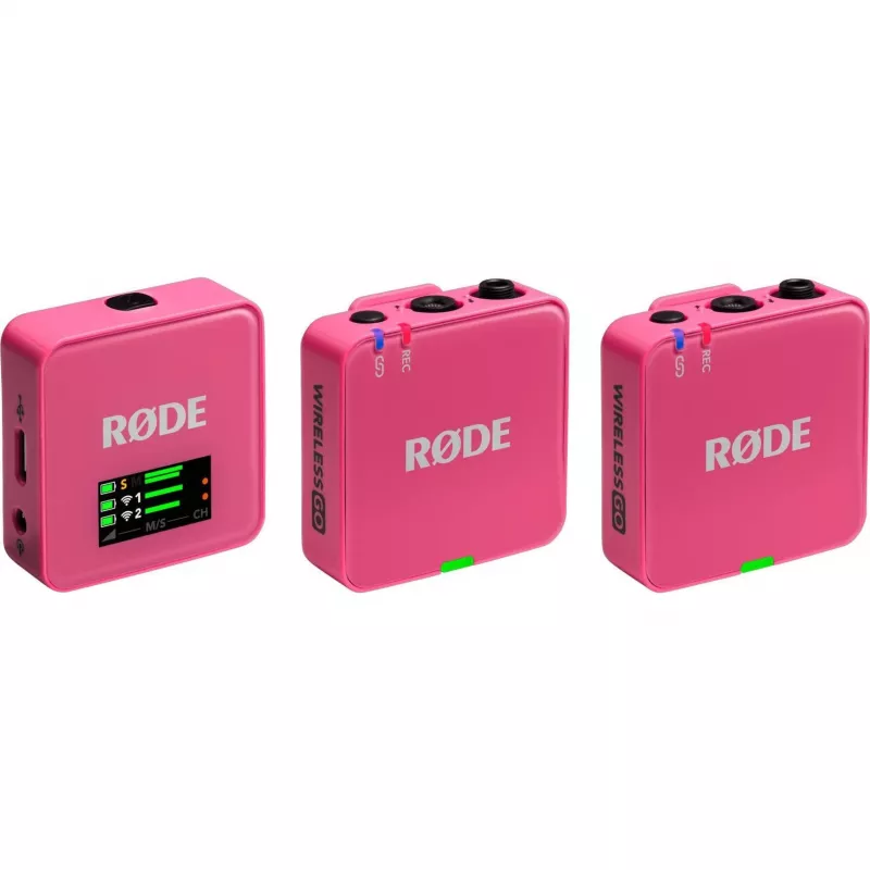 Belaidis mikrofonas RODE Wireless GO III Pink – kompaktiška dviejų kanalų siųstuvų ir imtuvo sistema