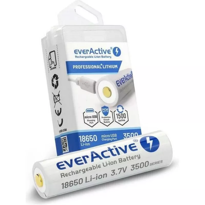 18650 Li-Ion 3,7V everActive 3500mAh baterija (1 vnt.) su mikro-USB ir apsauga