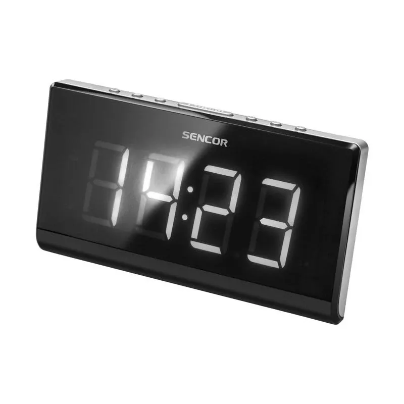 Laikrodinis radijas SENCOR SRC 340 – FM radijas su 1,8 colio baltu LED ekranu, raudona 180° projekcija, dvigubu žadintuvu, 10 FM stočių atmintimi, atsarginiu maitinimu