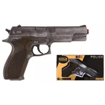 Pulio Police gun metal GONHER 45/1 15545/1 – metalinis vieno šūvio žaislinis strėlių pistoletas
