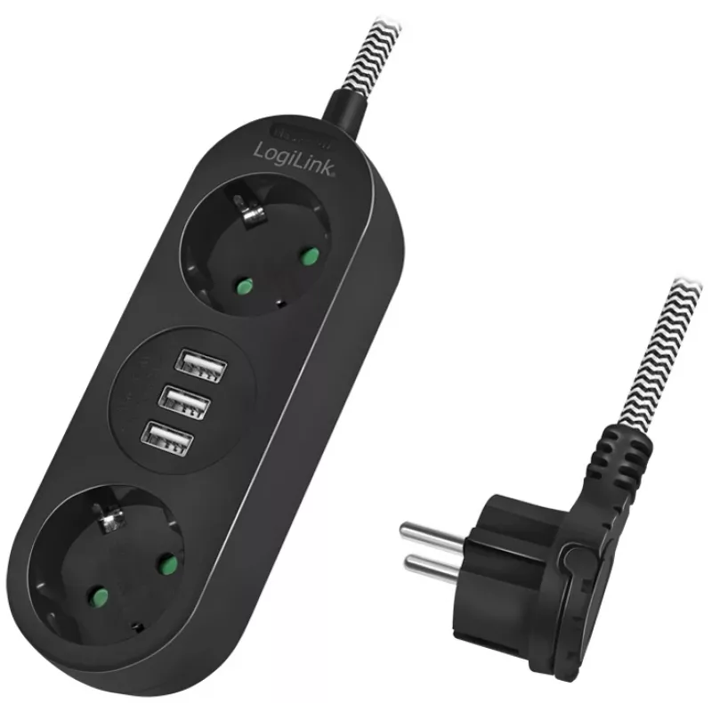 Prailginimo laidas LogiLink LPS262U 1,5 m 2 AC lizdai vidaus patalpoms juodas