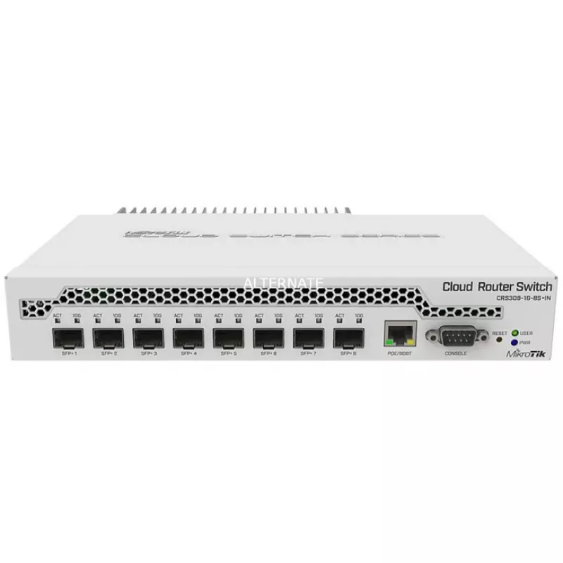 Mikrotik CRS309-1G-8S+ valdomas gigabito eterneto (10/100/1000) jungiklis su PoE, baltas
