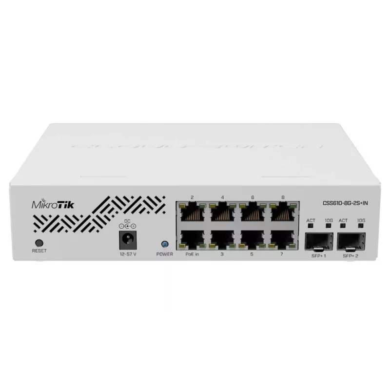 Tinklo jungiklis MikroTik CSS610-8G-2S+IN — 8x Gigabit RJ-45, 2x SFP+ 10G, PoE, 12–57 V įėjimas
