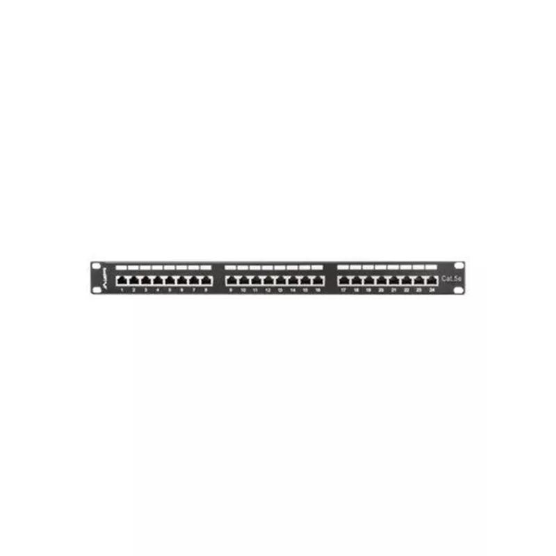 Patch panel 1U LANBERG PPS5-1024-B — 24 prievadų RJ-45 Cat5, metalinis, juodas, montavimui į stelažą