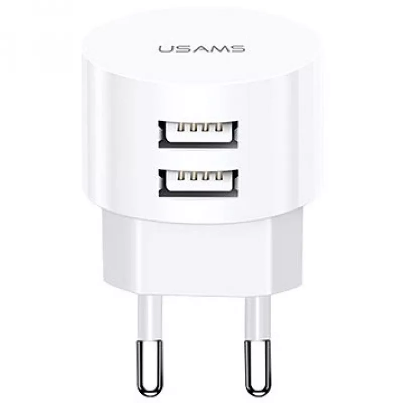 USAMS US-CC080 T20 Dvigubo USB apvalus kelioninis įkroviklis, 10.5W, baltas