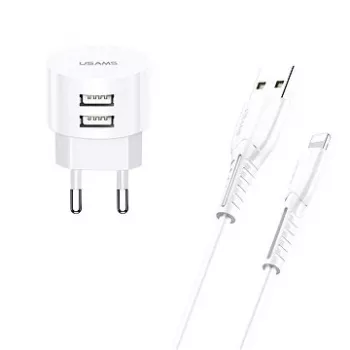 usams Charger T20 2x USB 2,1A su Lightning laidu – nešiojamas sieninis USB įkroviklis
