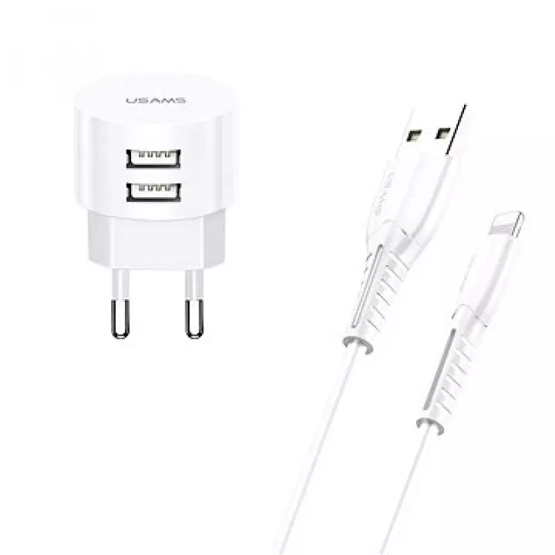 usams Charger T20 2x USB 2,1A su Lightning laidu – nešiojamas sieninis USB įkroviklis