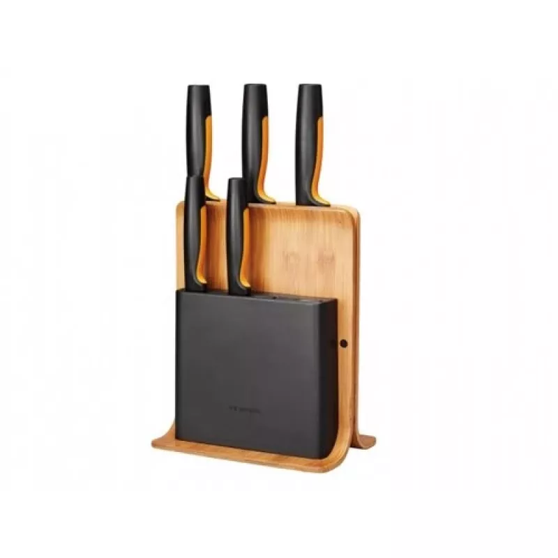 Fiskars Functional Form 1057552 peilių rinkinys bambukiniame bloke, 5 peiliai, nerūdijantis plienas, juoda/oranžinė