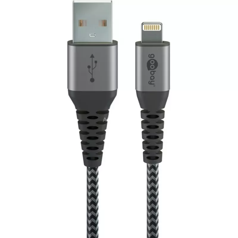 Goobay 49268 Lightning – USB-A laidas tekstiline apvija su metaliniais kištukais, MFi, 1 m, kosminė pilka/sidabrinė