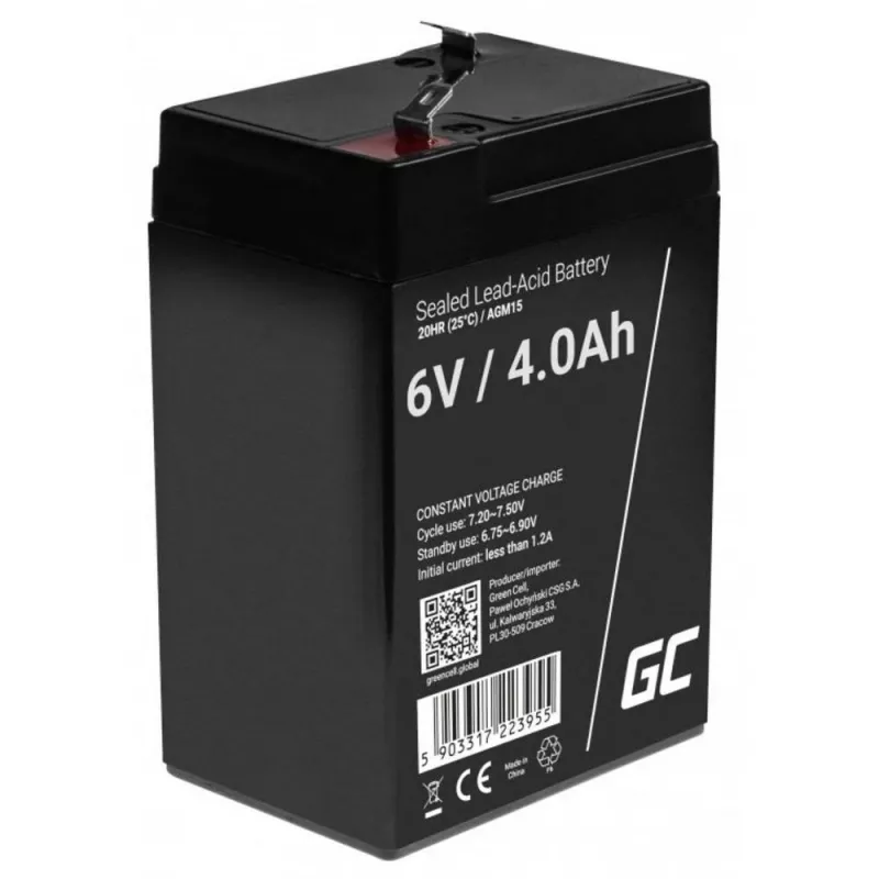 UPS baterija Green Cell AGM15, 6 V, 4 Ah, sandarus švino rūgšties (VRLA), juoda, 680 g