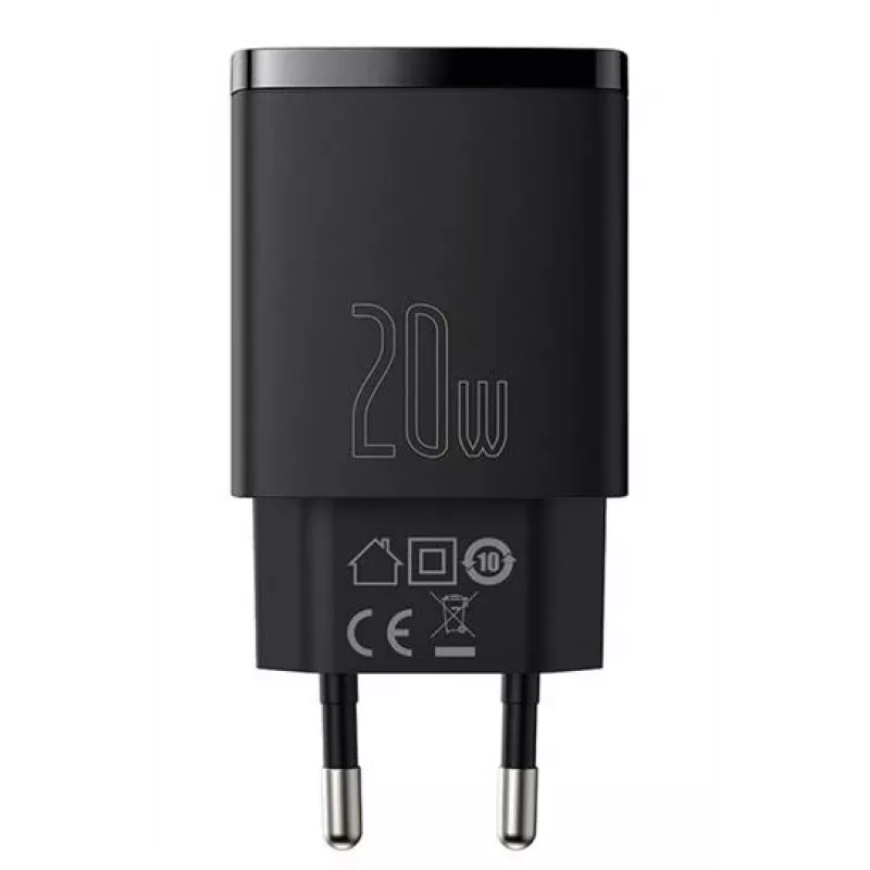 Vidinis USB greitasis įkroviklis Baseus CCXJ-B01 — 2 prievadai (USB-C PD 20W + USB-A QC3.0 18W), 100–240V, juodas