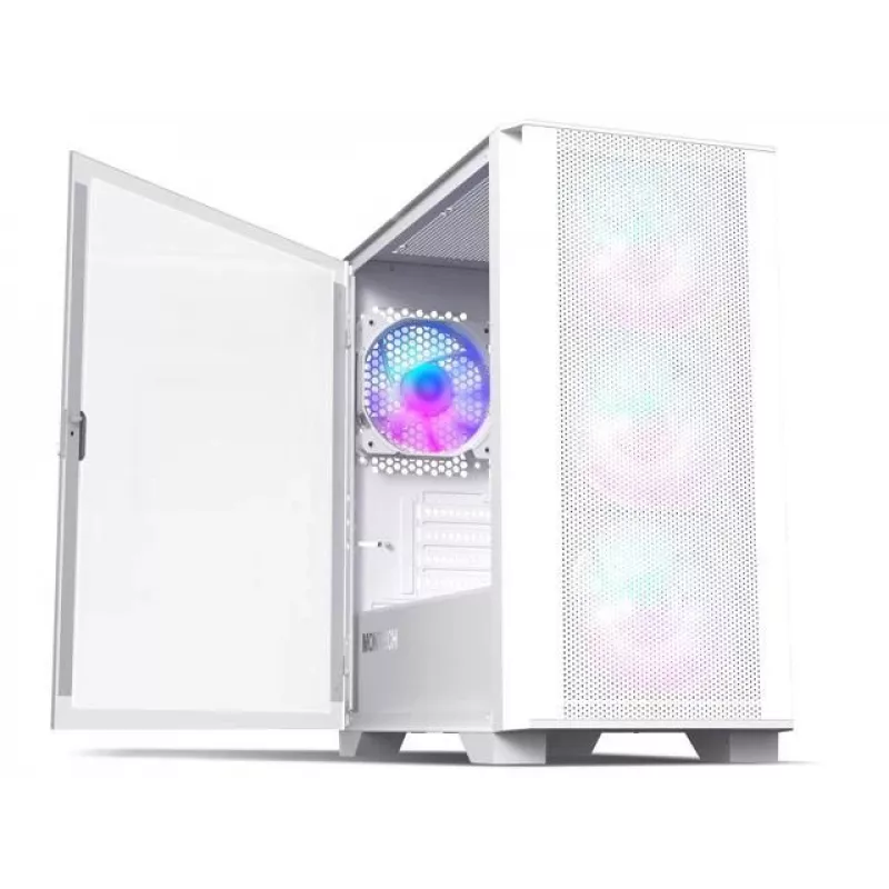 Montech AIR 100 ARGB Micro-ATX korpusas su keturiai ARGB ventiliatoriais, itin minimalistinis dizainas, smulkus tinklelio priekis, didelis oro srautas, unikalus šoninis skydelis
