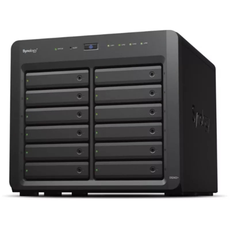 NAS Synology DS2422+; Tower; 12 x (3,5 colio SATA HDD / 2,5 colio SATA HDD / 2,5 colio SATA SSD); AMD Ryzen V1500B; 4 GB DDR4 (maks. 32 GB); 4 x 1GbE RJ-45