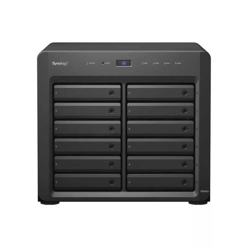 NAS Synology DS2422+; Tower; 12 x (3,5 colio SATA HDD / 2,5 colio SATA HDD / 2,5 colio SATA SSD); AMD Ryzen V1500B; 4 GB DDR4 (maks. 32 GB); 4 x 1GbE RJ-45