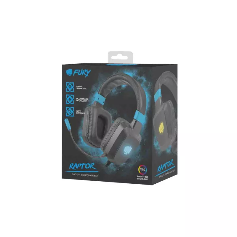 Žaidimų ausinės Fury NFU-1584 su ausinių mikrofonu, uždaro tipo, 98 dB, 15–25000 Hz, 2 m laidas, USB ir 3,5 mm, mėlyna