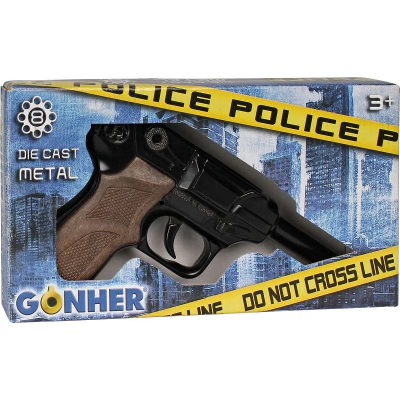Metalinis žaislinis policijos revolveris Gonher 8 šūviams, metalinė konstrukcija, modelis 258441