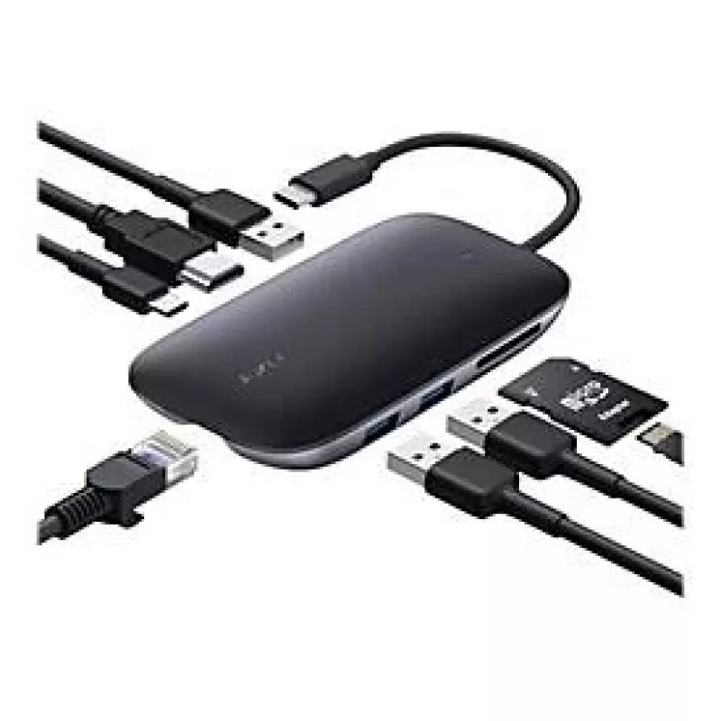 USB-C stotelė nešiojamam kompiuteriui AUKEY CB-C71 — 3x USB‑C (USB 3.2 Gen1), HDMI, RJ‑45, MicroSD, USB PD 100W, 0,15 m kabelis, juoda
