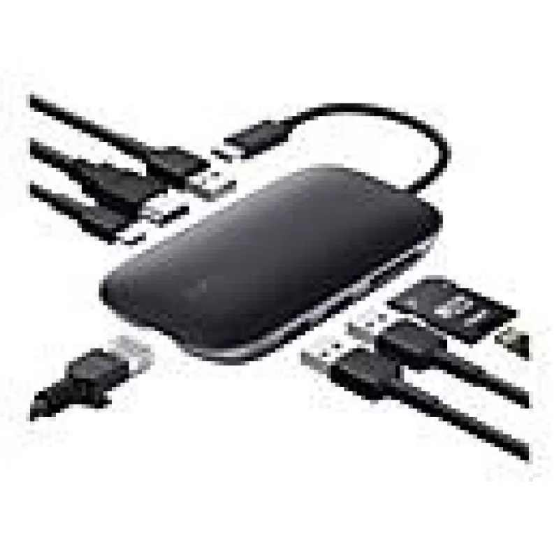USB-C stotelė nešiojamam kompiuteriui AUKEY CB-C71 — 3x USB‑C (USB 3.2 Gen1), HDMI, RJ‑45, MicroSD, USB PD 100W, 0,15 m kabelis, juoda