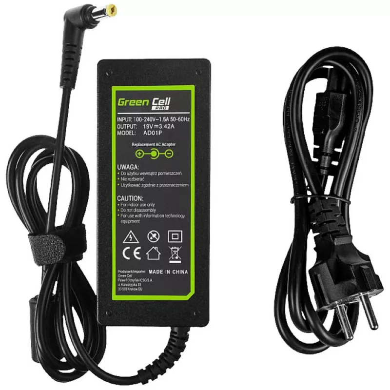 Maitinimo adapteris Green Cell AD01P — 60 W, 19 V 3,42 A, vidinis nešiojamojo kompiuterio maitinimo šaltinis, juodas