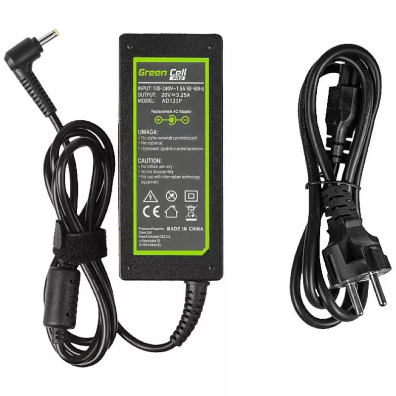 Maitinimo adapteris Green Cell AD123P 65 W 20 V 3,25 A, skirtas Lenovo, vidaus naudojimui, juodas, 2 m kabelis