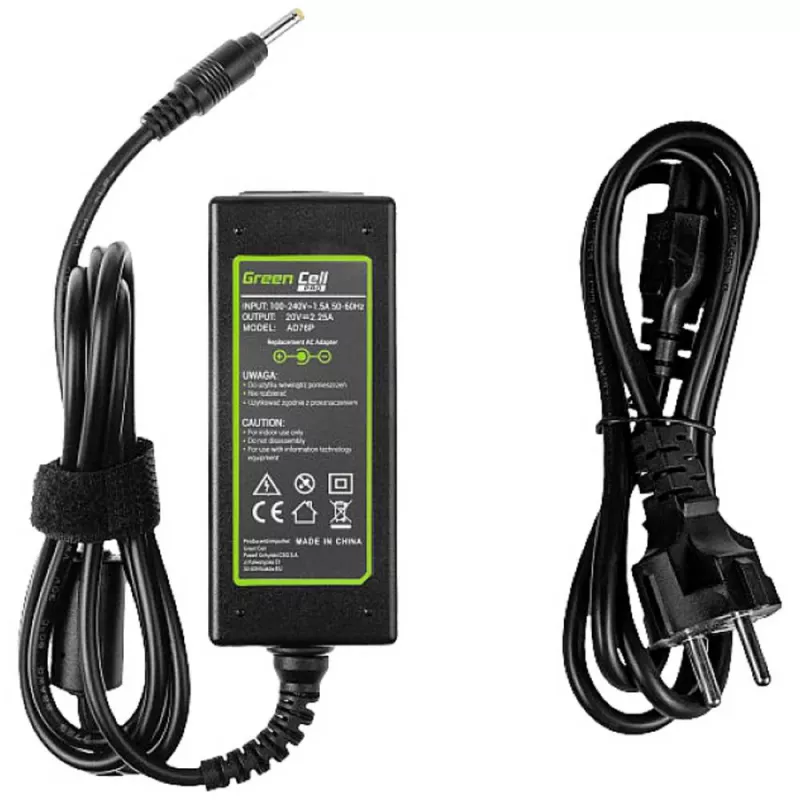Maitinimo adapteris Green Cell AD76P 45W, skirtas Lenovo nešiojamiesiems kompiuteriams, 20V 2,25A, AC–DC, 100–240V įėjimas, juodas