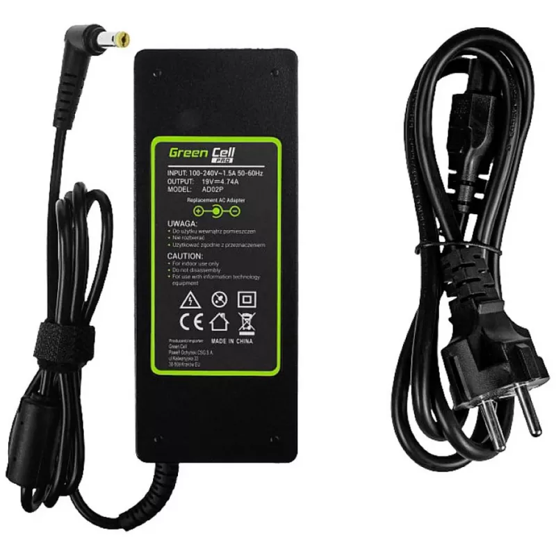 Green Cell AD02P 90W 19V 4.74A nešiojamojo kompiuterio maitinimo adapteris, AC-DC, vidaus, juodas