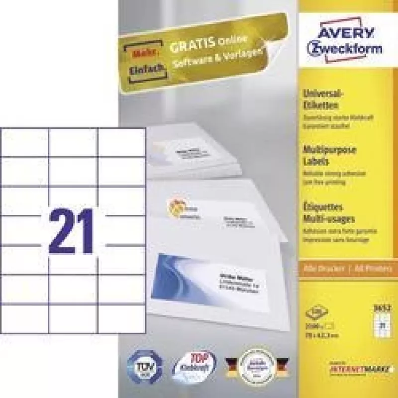 Avery 3652 – etiketės – baltos – 42,3 x 70 mm – 2100 vnt. (100 lapų po 21)