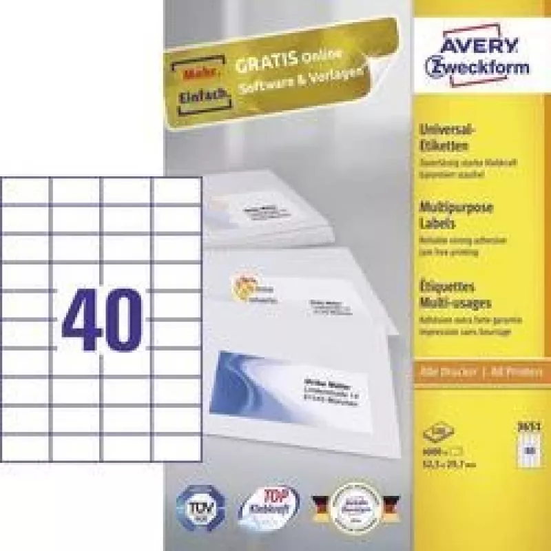 Avery Zweckform 3651 Universalios etiketės 52,5 x 29,7 mm 100 lapų baltos