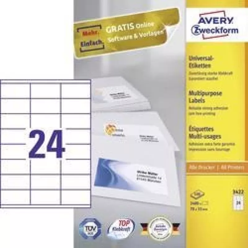Universali etiketė 70x35mm rašaliniams/lazeriniams spausdintuvams, kopijavimo aparatams, A4, 100 lapų, 2400 vnt., balta
