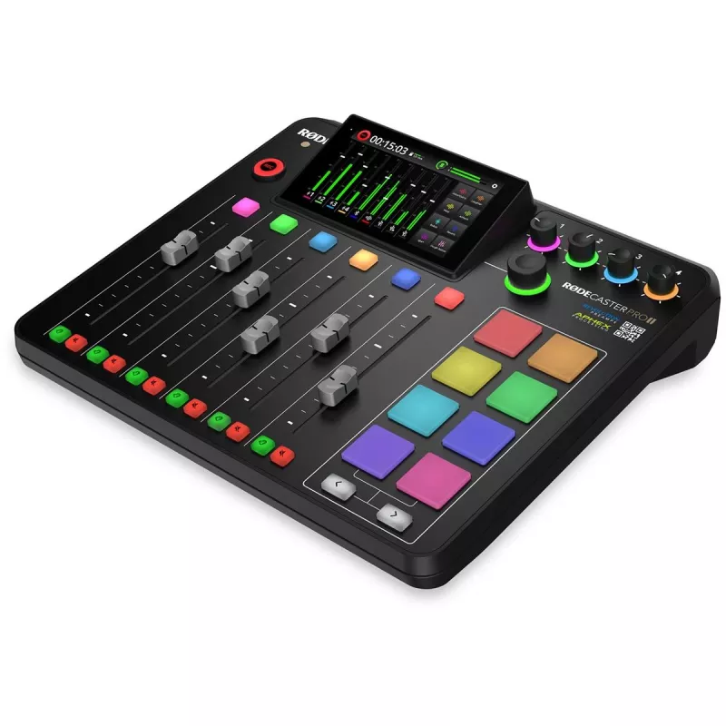 Studijo valdiklis RØDE Caster Pro II juodas — 4 XLR/TRS kombinuotos jungtys, 4 ausinių išėjimai, 8 pagalvėlės, jutiklinis ekranas, Wi‑Fi, Bluetooth, USB‑C