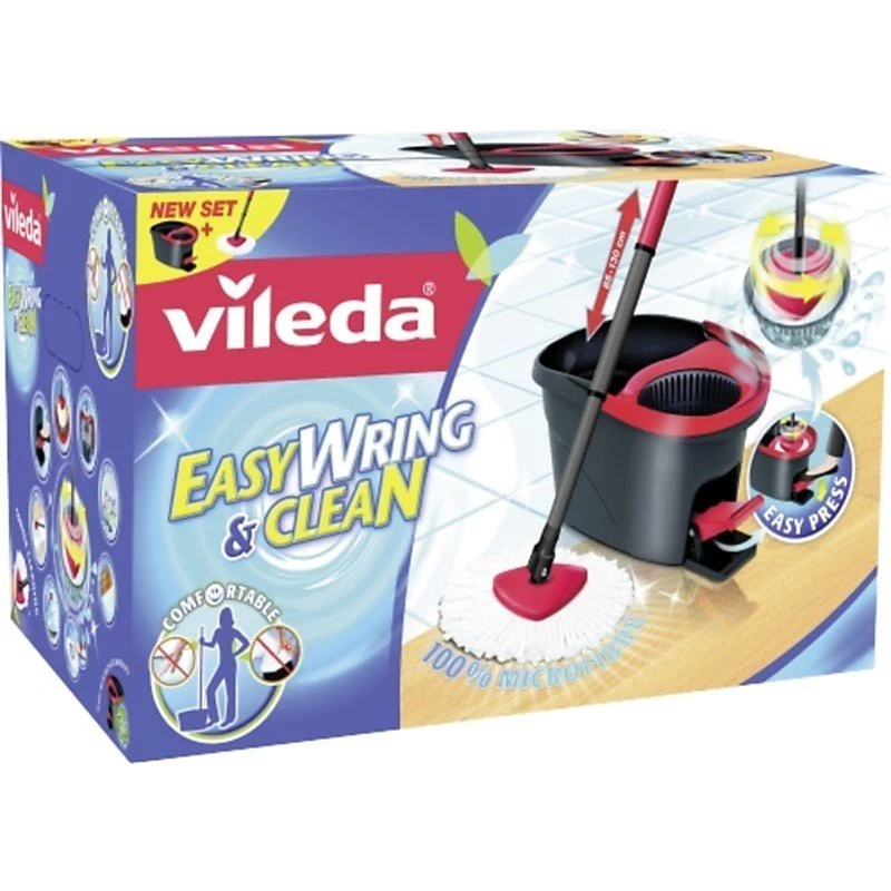 Šluota VILEDA EasyWring & Clean Turbo, raudonas technopolimero kibiras, nuimama skalbiama mikropluošto galvutė, kietoms grindims