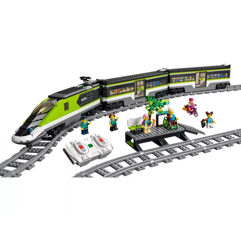 LEGO 60337 City Express keleivinis traukinys nuotolinio valdymo rinkinys su veikiančiais priekiniais žibintais, 2 vagonais ir 24 bėgių dalimis