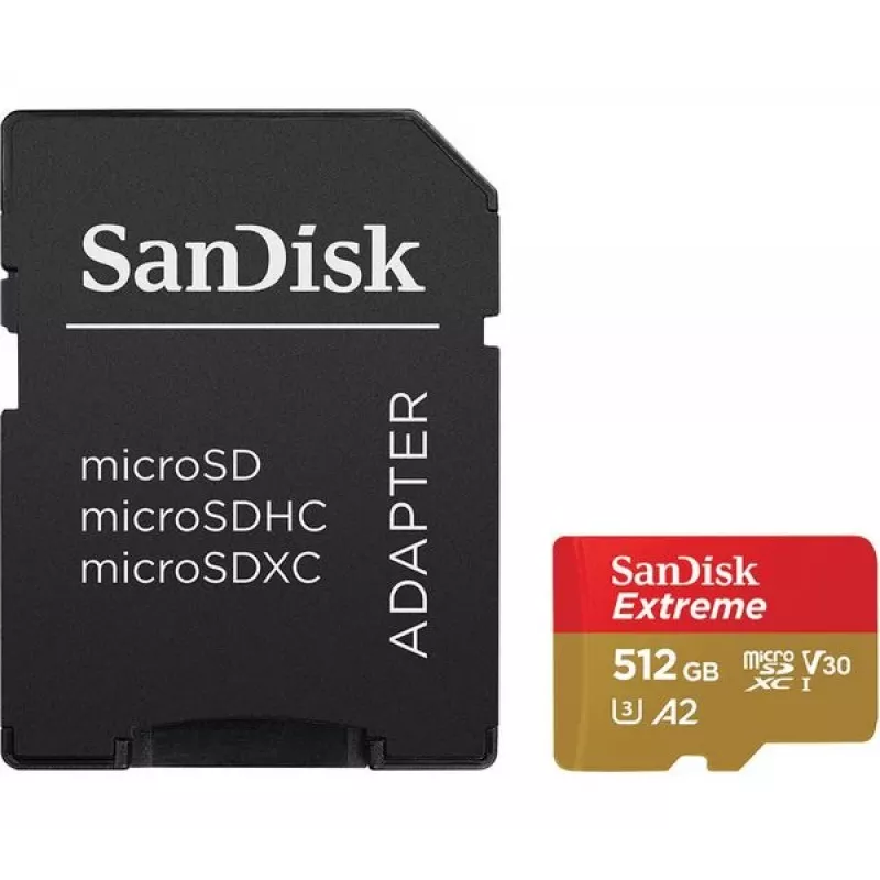 „SANDISK Extreme“ „MicroSDHC“ atminties kortelė 512 GB, UHS-I A1 V30 U3 10 klasė, skaitymas 190 MB/s, rašymas 130 MB/s, su SD adapteriu