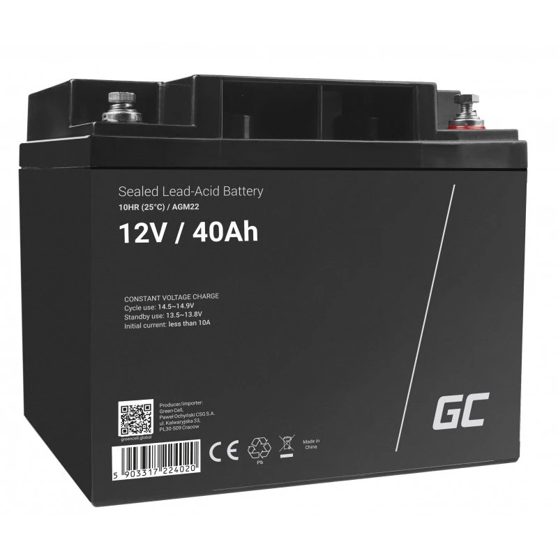 UPS baterija Green Cell AGM22 – sandarus švino rūgšties akumuliatorius 12V 40Ah (VRLA), 170×165×197 mm, 12,1 kg