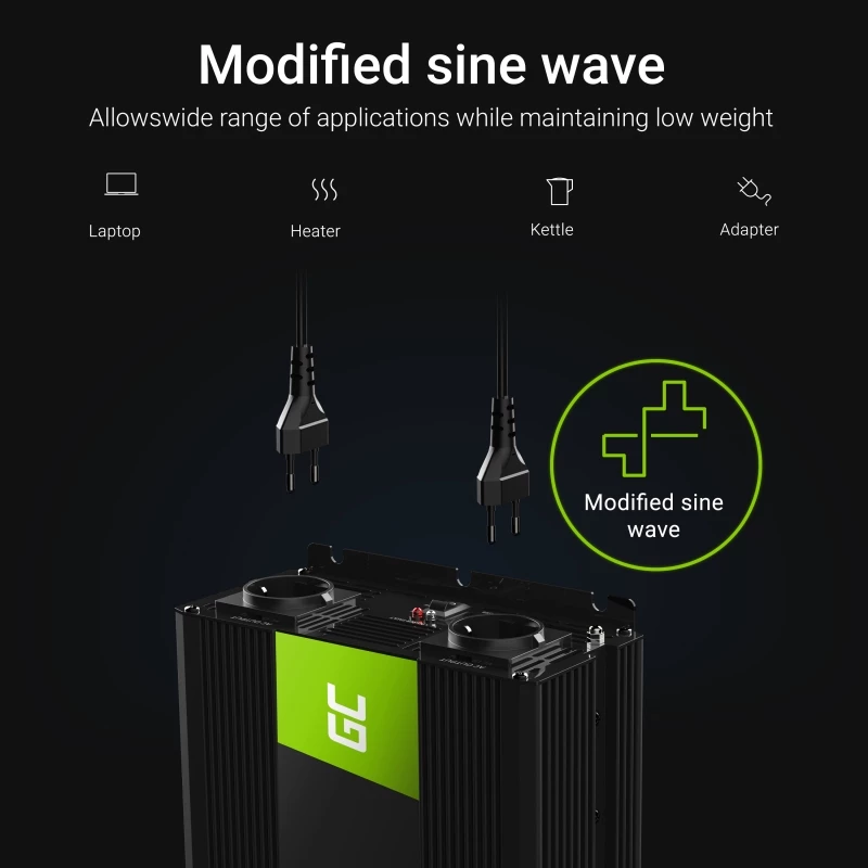 Automobilinis keitiklis Green Cell INV10 2000 W, 12 V DC į 230 V AC, C tipo išėjimas, 50 Hz, juodas