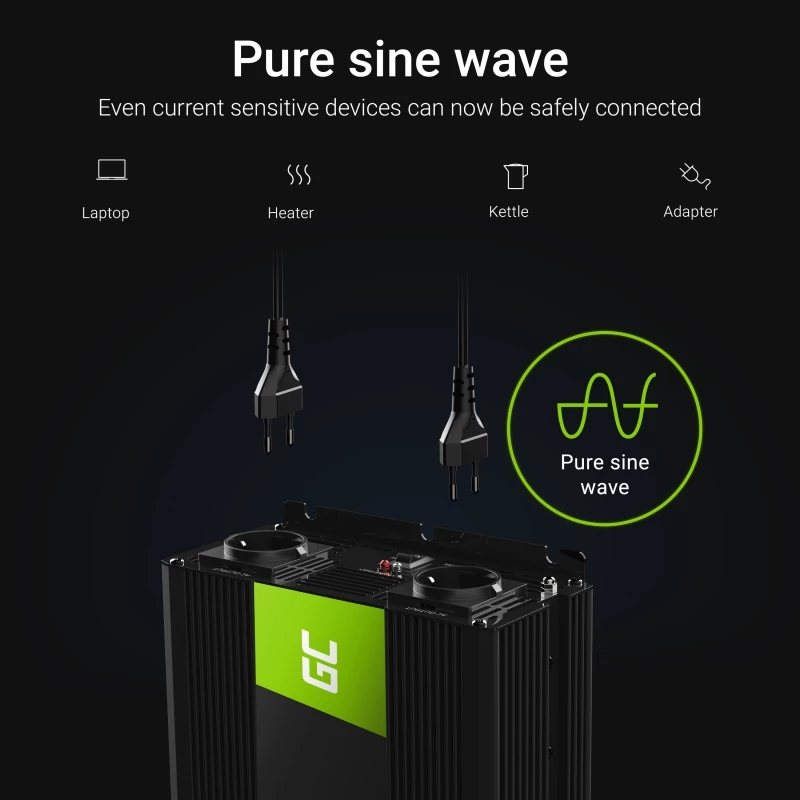 Automobilinis keitiklis Green Cell INV21 6000 W, 24V DC į 230V AC, 2x USB PD, aktyvus aušinimas, nuimamos DC jungtys, juodas