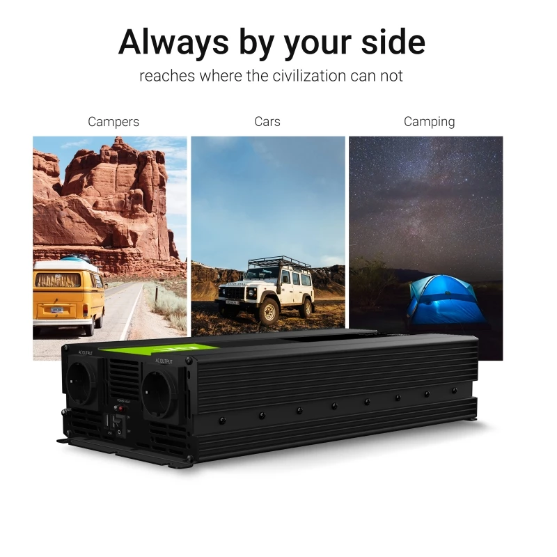 Automobilinis keitiklis Green Cell INV21 6000 W, 24V DC į 230V AC, 2x USB PD, aktyvus aušinimas, nuimamos DC jungtys, juodas