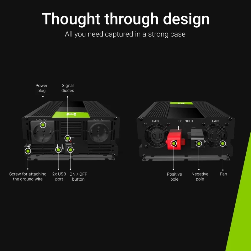 Automobilinis keitiklis Green Cell INV21 6000 W, 24V DC į 230V AC, 2x USB PD, aktyvus aušinimas, nuimamos DC jungtys, juodas
