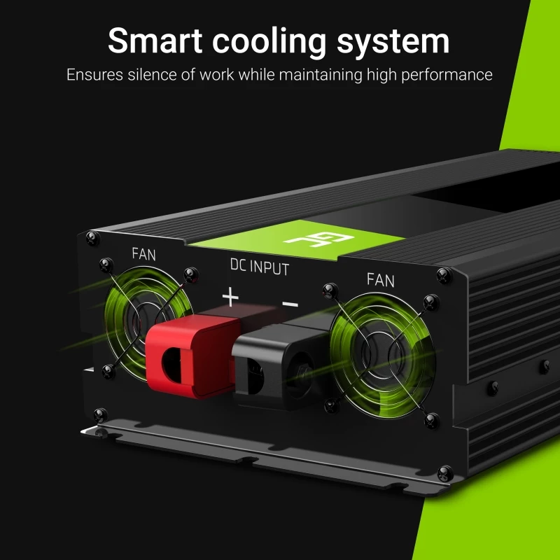 Automobilinis keitiklis Green Cell INV21 6000 W, 24V DC į 230V AC, 2x USB PD, aktyvus aušinimas, nuimamos DC jungtys, juodas