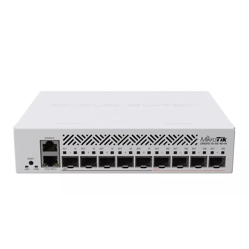 Valdomas L3 tinklo komutatorius MikroTik CRS310-1G-5S-4S+IN — 1U, 1x Gigabit, 5x SFP, 4x SFP+, 10G, DC/PoE 18–57V, 20W maks
