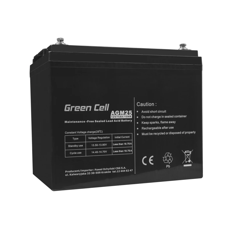 Green Cell AGM25 švino rūgšties akumuliatorius UPS sistemoms 12 V 75 Ah VRLA AGM