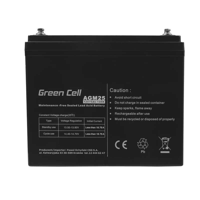 Green Cell AGM25 švino rūgšties akumuliatorius UPS sistemoms 12 V 75 Ah VRLA AGM