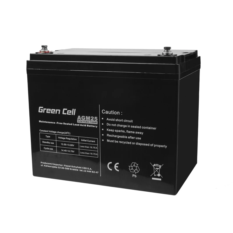 Green Cell AGM25 švino rūgšties akumuliatorius UPS sistemoms 12 V 75 Ah VRLA AGM