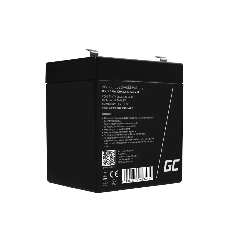 UPS baterija Green Cell AGM44 – 12 V 4,5 Ah sandarioji švino rūgšties (VRLA), 101×70×90 mm, 1,35 kg, juoda