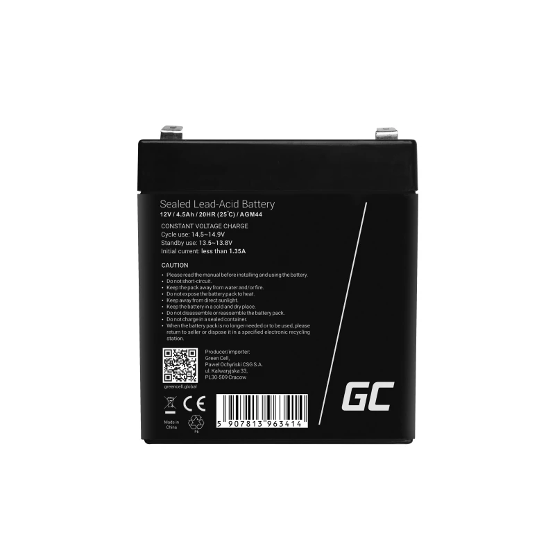 UPS baterija Green Cell AGM44 – 12 V 4,5 Ah sandarioji švino rūgšties (VRLA), 101×70×90 mm, 1,35 kg, juoda