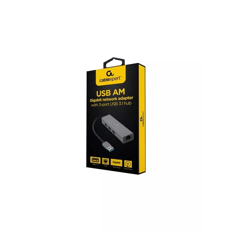 Gembird A-AMU3-LAN-01 USB-A į Gigabit LAN adapteris su 3 prievadų USB 3.0 šakotuvu, juodas